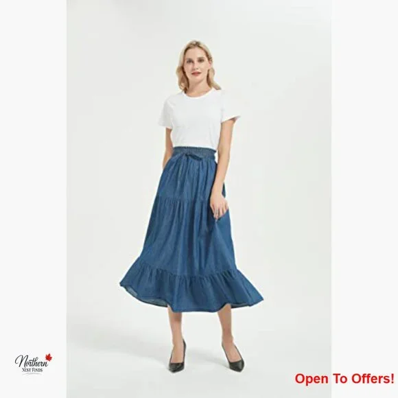 A-Line Midi Denim Skirt with Pleated Layers and Elastic Waist - Picture 5 of 6